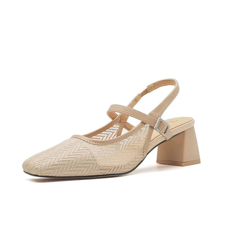Xylia beige heeled slingback sandals featuring a square toe, woven mesh vamp, adjustable slingback strap with silver buckle, and a stable block heel.