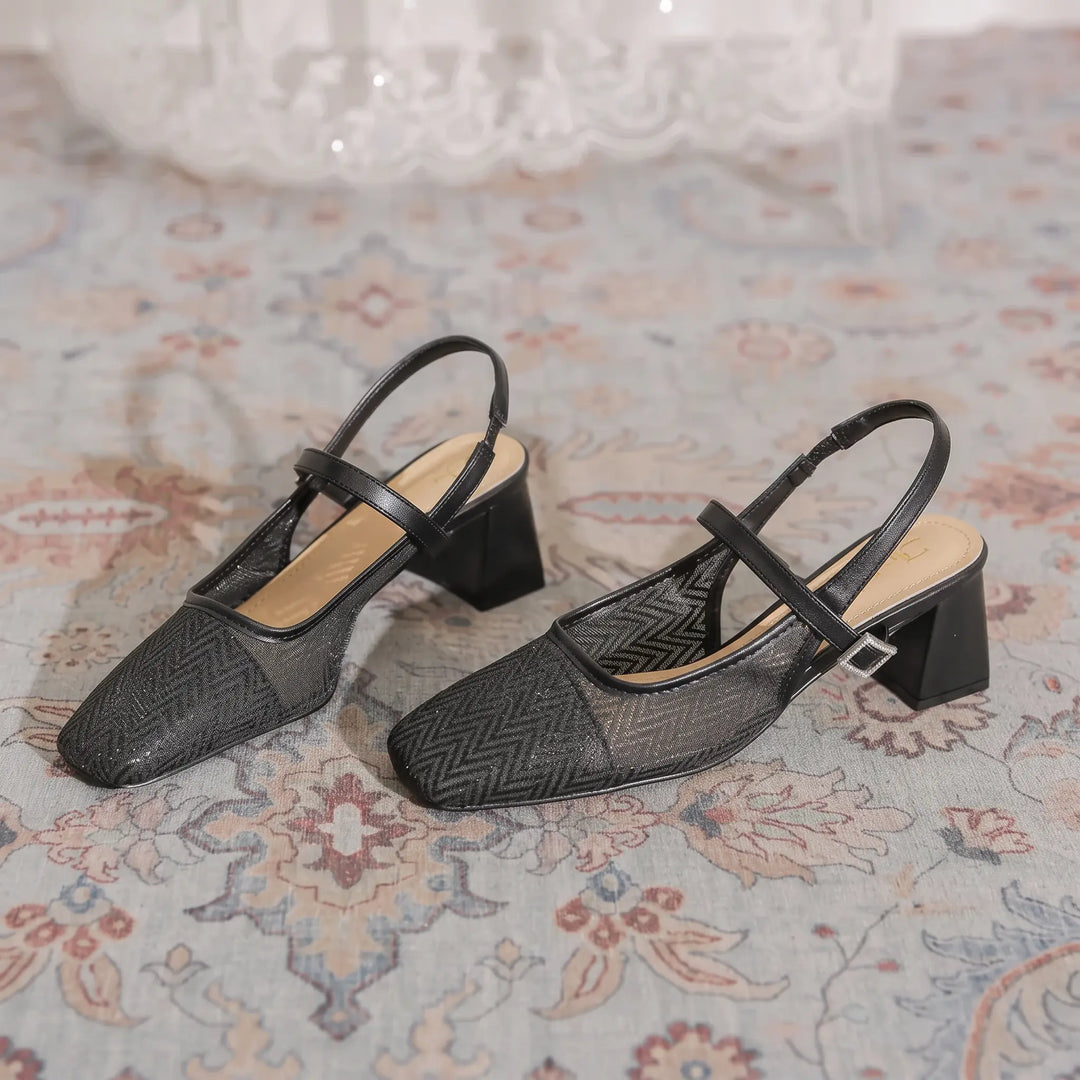 Xylia - Heeled Sandals Square Toe Mesh Detail Chic Slingbacks