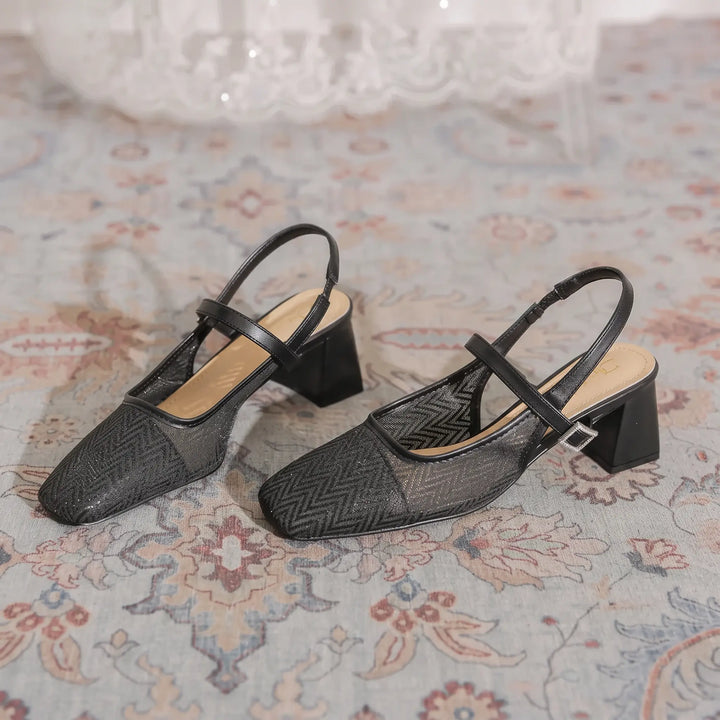 Xylia - Heeled Sandals Square Toe Mesh Detail Chic Slingbacks