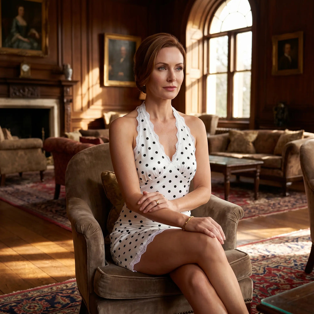 Woman wearing a white polka dot mini halter dress with lace trim, seated elegantly in a luxurious lounge setting.