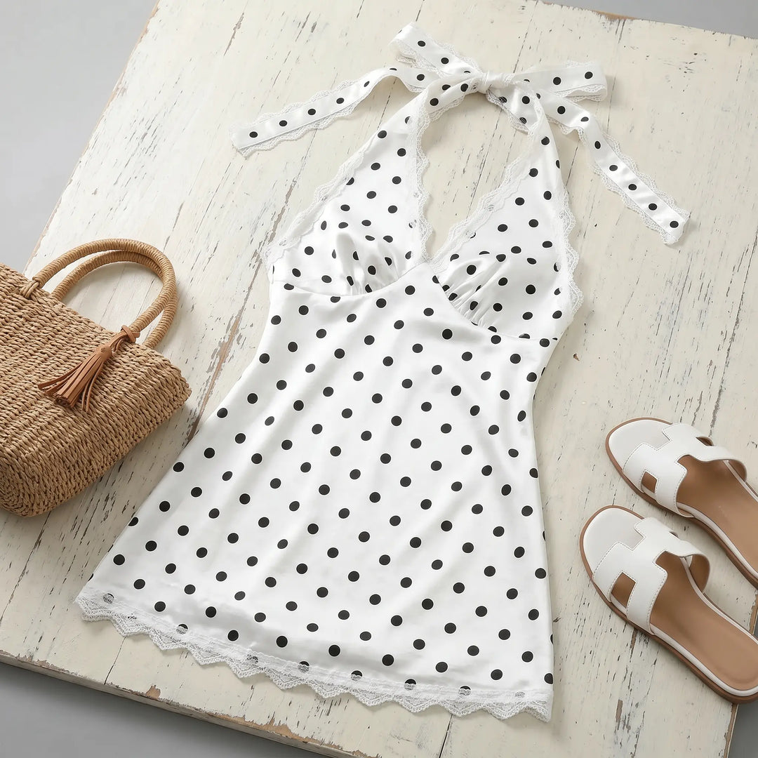 White halter neck mini dress with black polka dots and white lace trim, styled with a straw bag and white sandals on a rustic wooden surface.