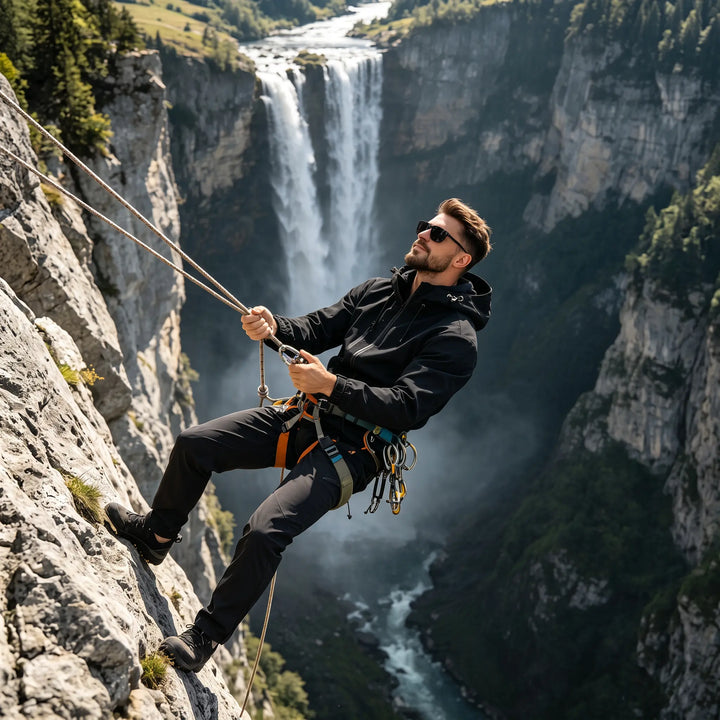 Man rappelling down a rocky cliff in a black Zenthel performance hardshell jacket, with a waterfall cascading in the background.