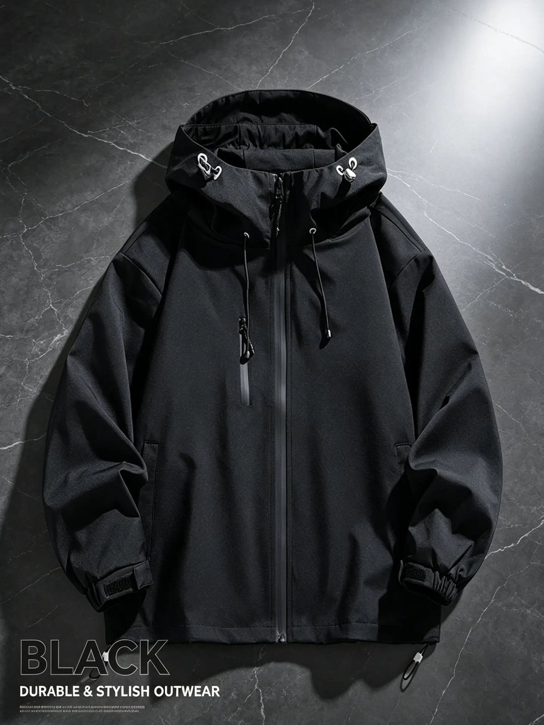 A black Zenthel performance hardshell jacket is shown from the front, featuring a matte finish, adjustable hood with drawstrings, water-repellent zippers on the main closure and pockets, and adjustable cuffs.