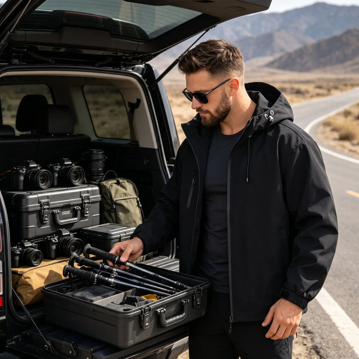 Man wearing a black Zenthel waterproof performance jacket, standing by a car with outdoor gear in a desert landscape.