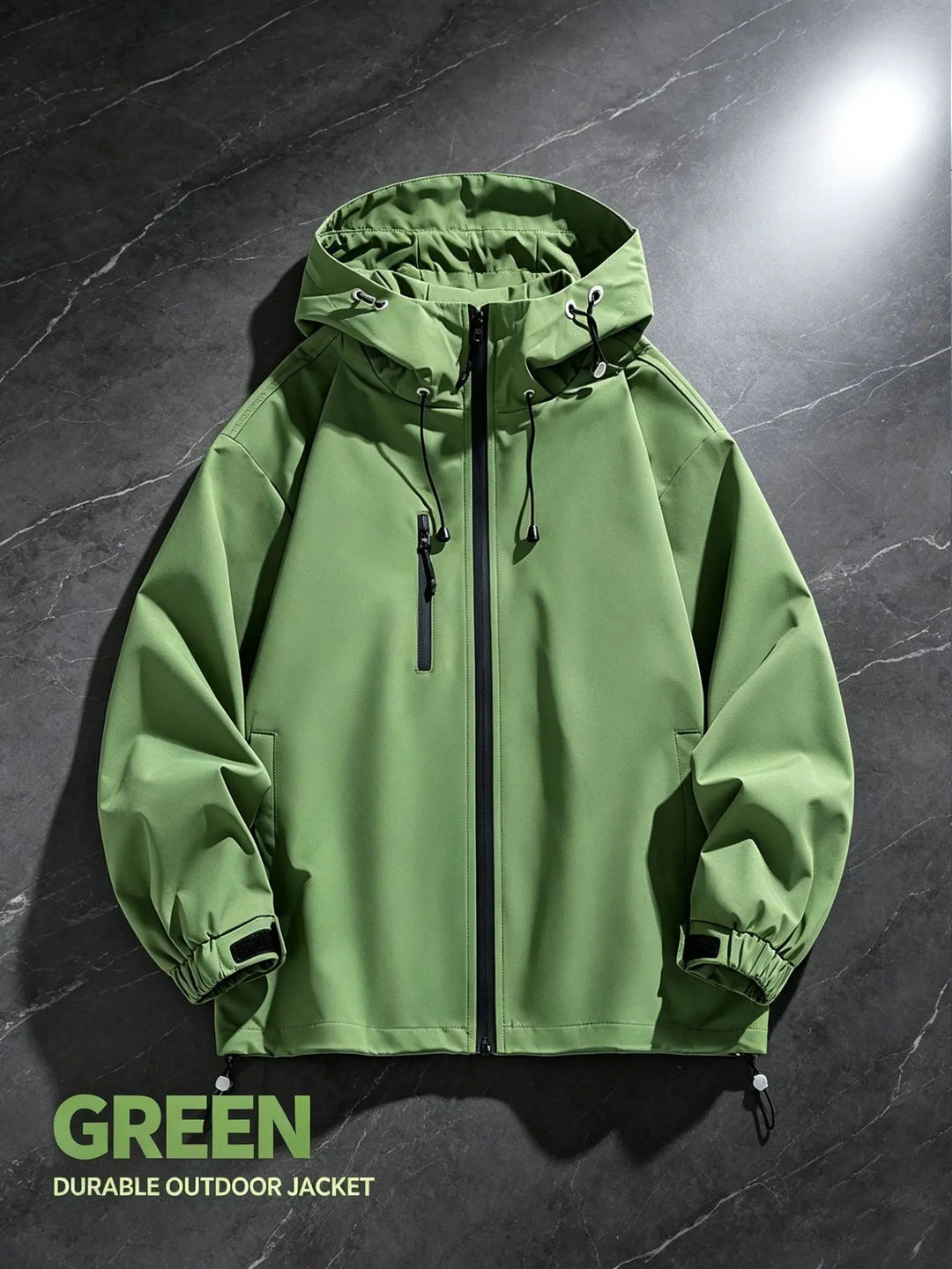 Zenthel performance hardshell jacket in deep forest green, featuring a waterproof membrane, adjustable hood, and zippered pockets, shown from the front on a dark marbled studio background.