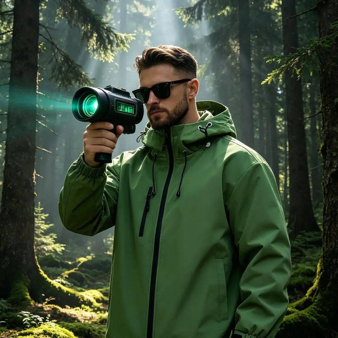 Man wearing a forest green Zenthel performance hardshell jacket, holding a flashlight in a sunlit, misty forest.