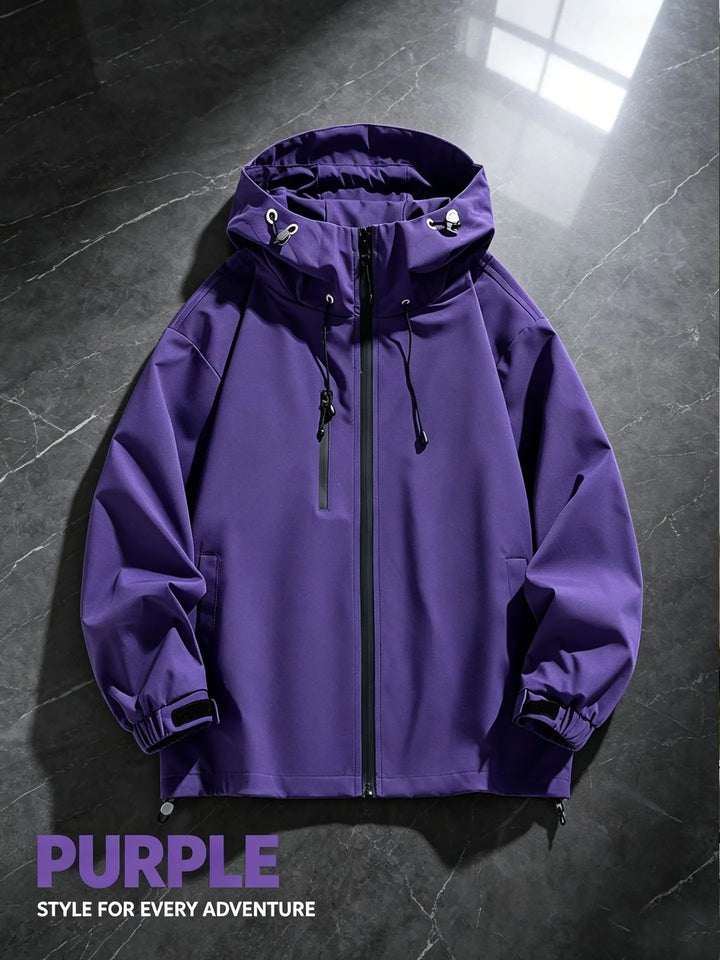 Zenthel performance waterproof jacket in vibrant purple, featuring a full front zipper, adjustable drawstring hood, and hook-and-loop cuffs on a dark marble studio background.