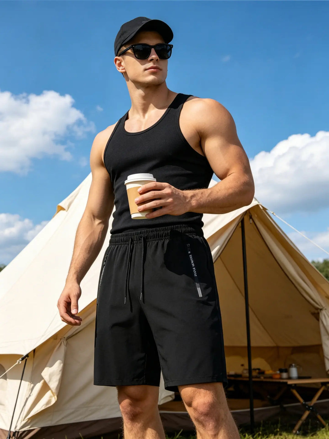 Man wearing black Zenthix quick dry athletic shorts and black tank top, holding coffee cup, with tent in background.