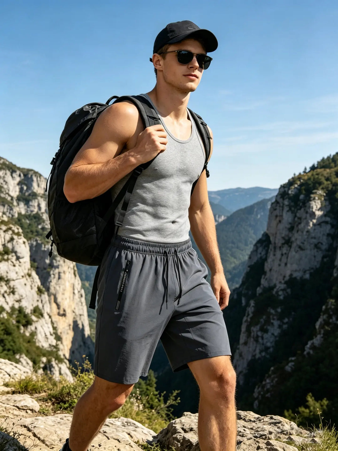 Man hiking in grey Zenthix quick-dry athletic shorts with zippered pocket, wearing a tank top and backpack in a scenic mountain landscape.