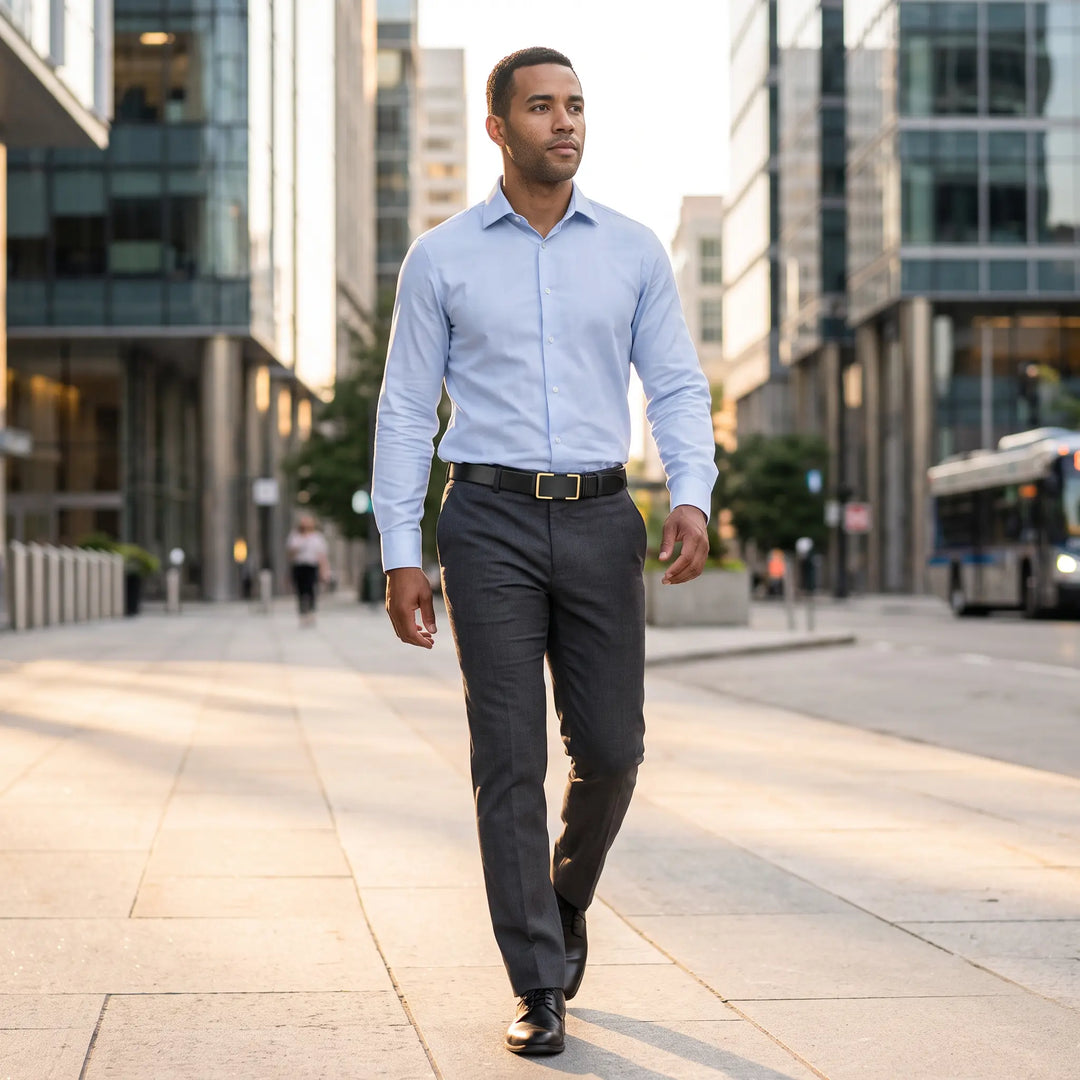 A professional man walks along a modern city street, wearing a black Zentir automatic leather belt with a gold-trimmed buckle, accentuating his business casual attire.