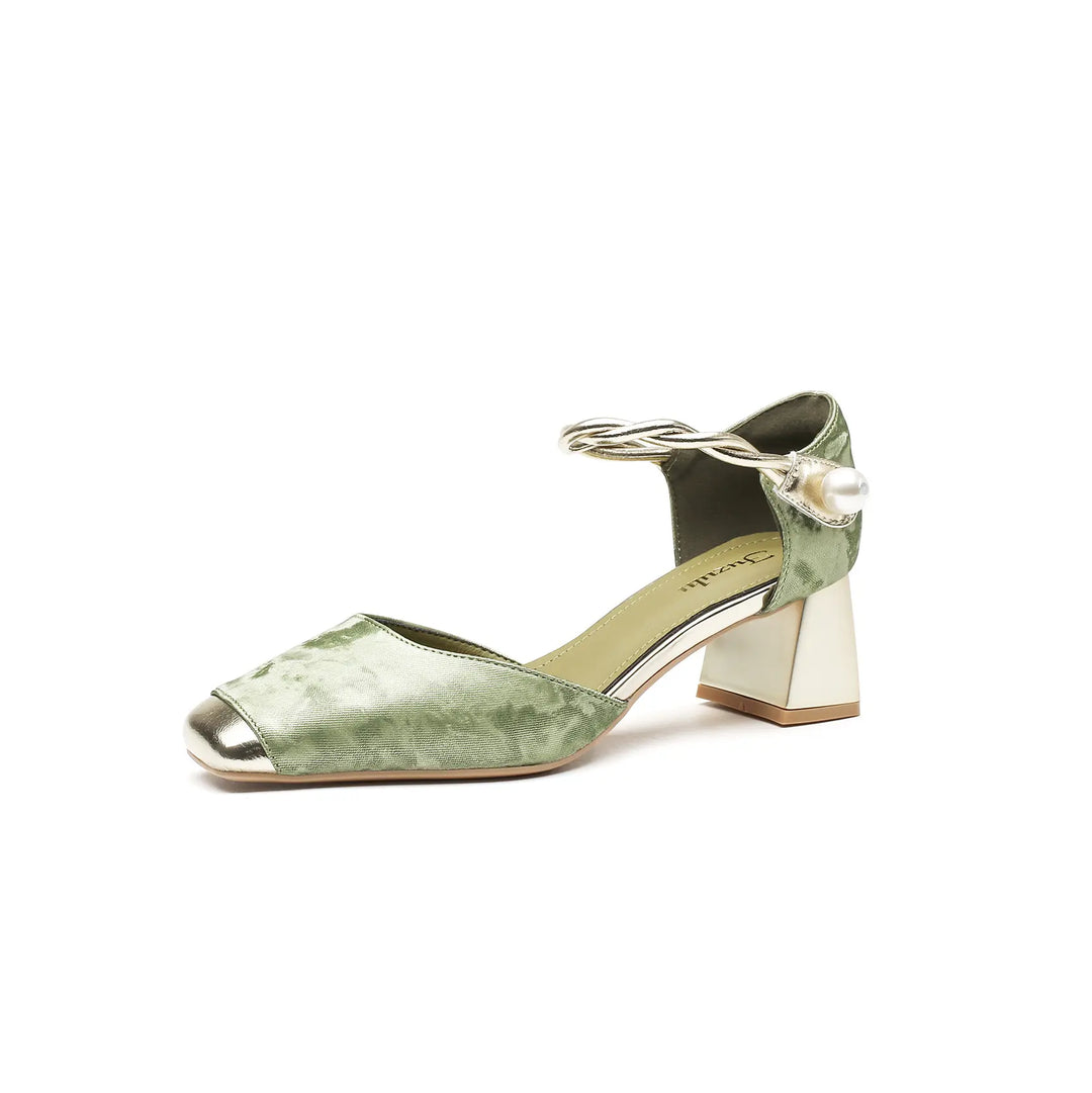 Zephyra silver mist chunky heel sandals with square toe and braided pearl ankle strap, shown in a three-quarter studio view.