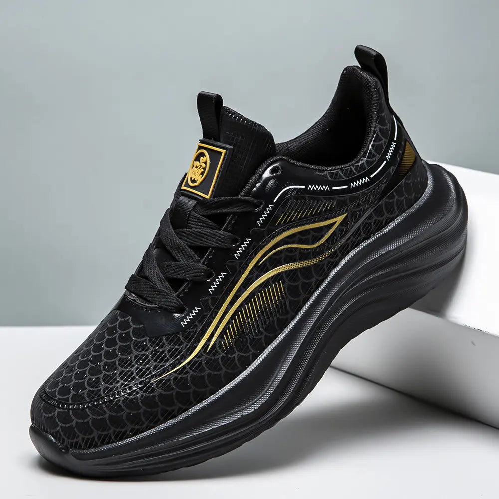 Black Zephyrin lightweight performance sneakers featuring a unique scaled mesh upper, dynamic gold wave graphics, and a sculpted EVA sole, shown from a three-quarter angle.