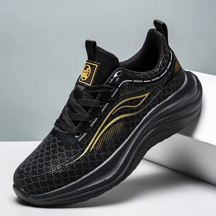 Black Zephyrin lightweight performance sneakers featuring a unique scaled mesh upper, dynamic gold wave graphics, and a sculpted EVA sole, shown from a three-quarter angle.