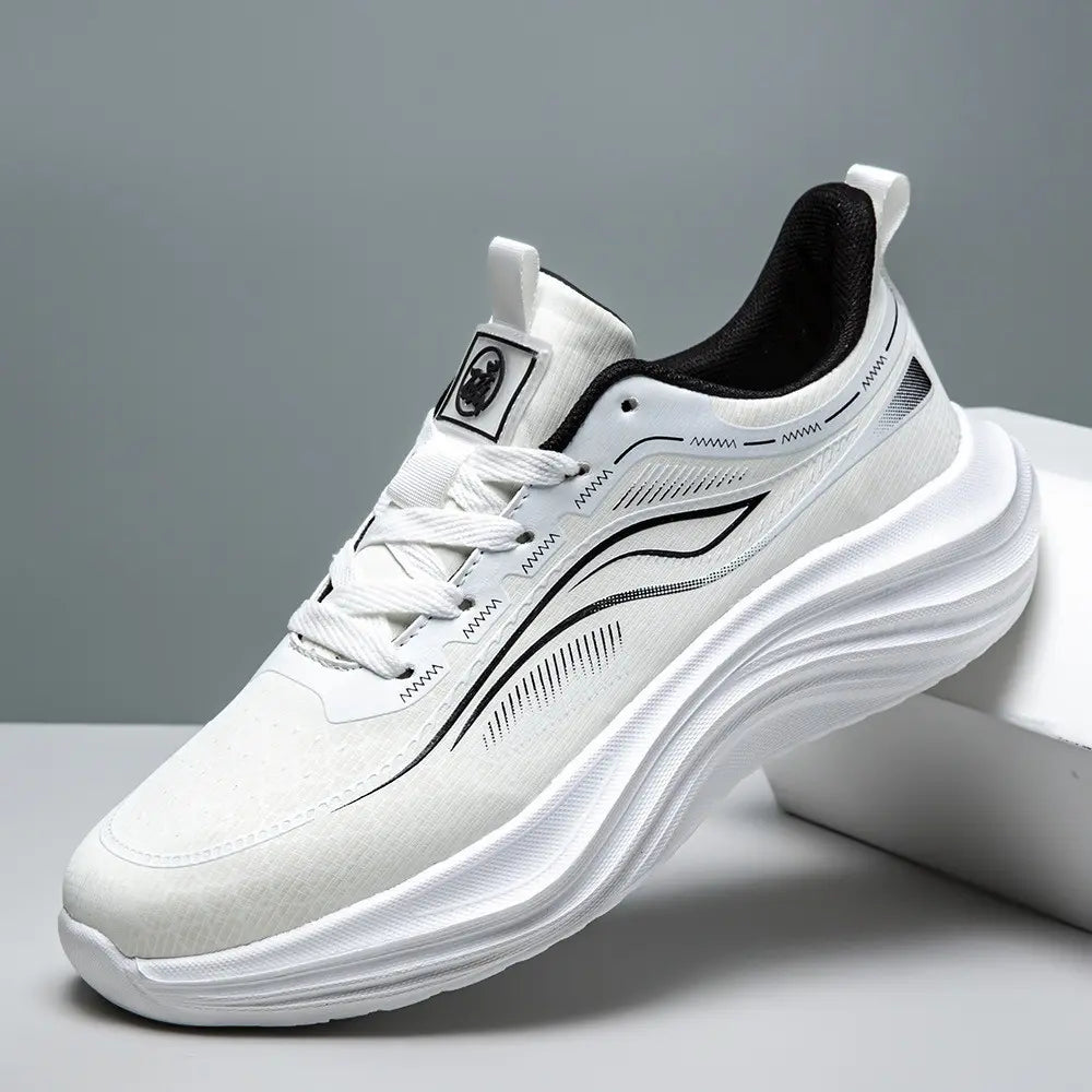 Zephyrin lightweight performance sneakers in pure white, showcasing a breathable engineered mesh upper and a sculpted white EVA sole from a three-quarter angle.