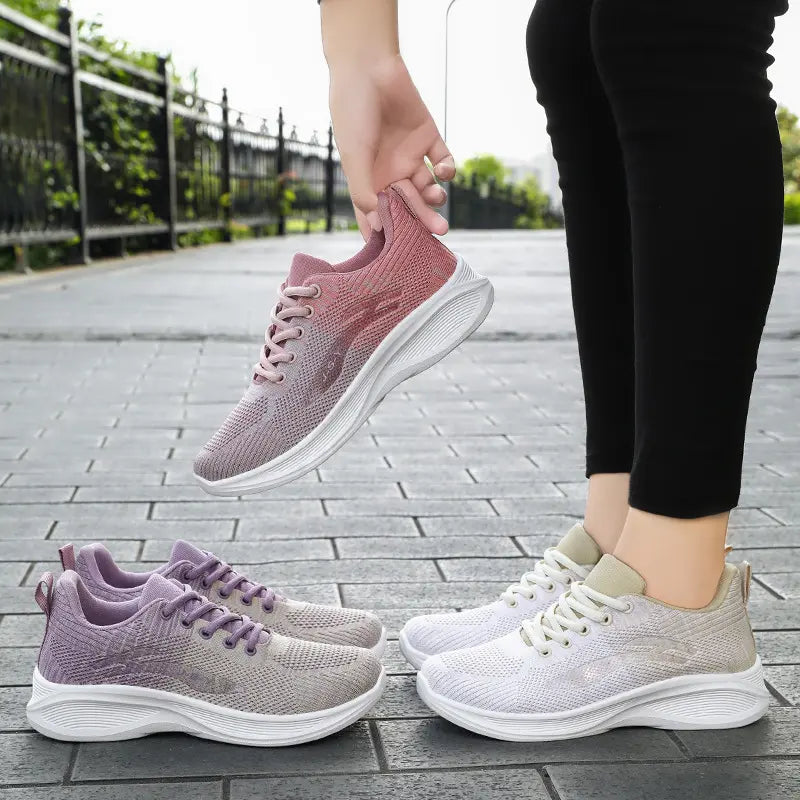 Zhyra women's knit sneakers shown in multiple gradient colorways including pink, purple, and beige, displayed on an outdoor paved surface.