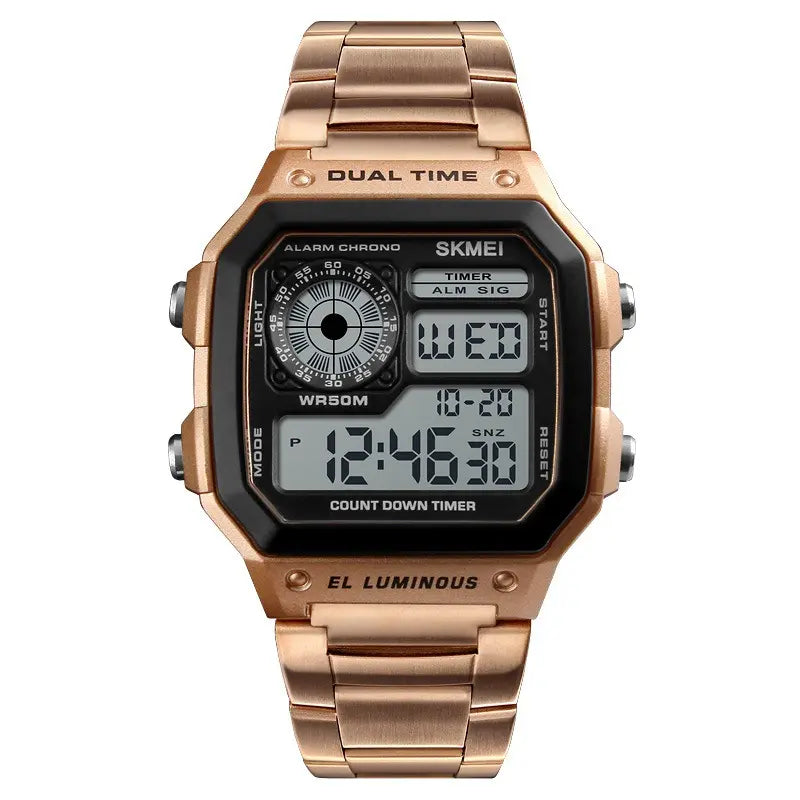 Zoltar men's rose gold stainless steel digital chronograph watch with dual time display, EL luminous backlight, and angular square case, presented front-on.