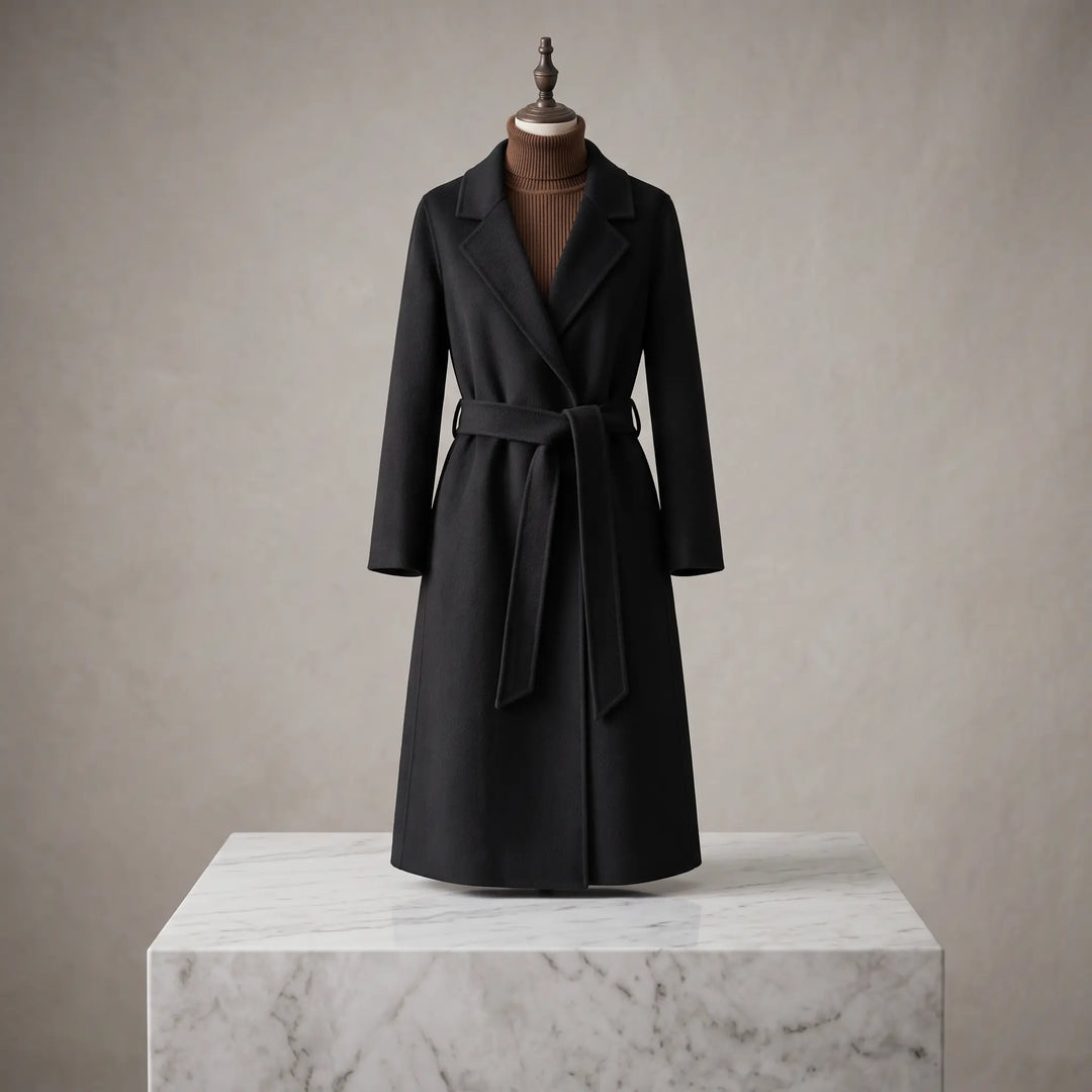 Black tailored midi-length wool coat by Zoryn, featuring a notched lapel, self-tie belt, and double-breasted button closure, presented on a mannequin against a soft cream studio background.