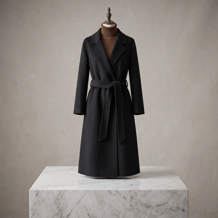 Black tailored midi-length wool coat by Zoryn, featuring a notched lapel, self-tie belt, and double-breasted button closure, presented on a mannequin against a soft cream studio background.
