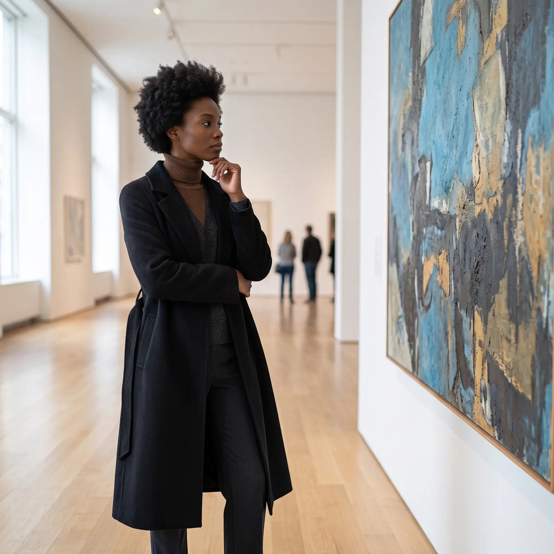 Woman wearing a black midi-length belted wool coat stands in an art gallery, contemplating a large abstract painting.