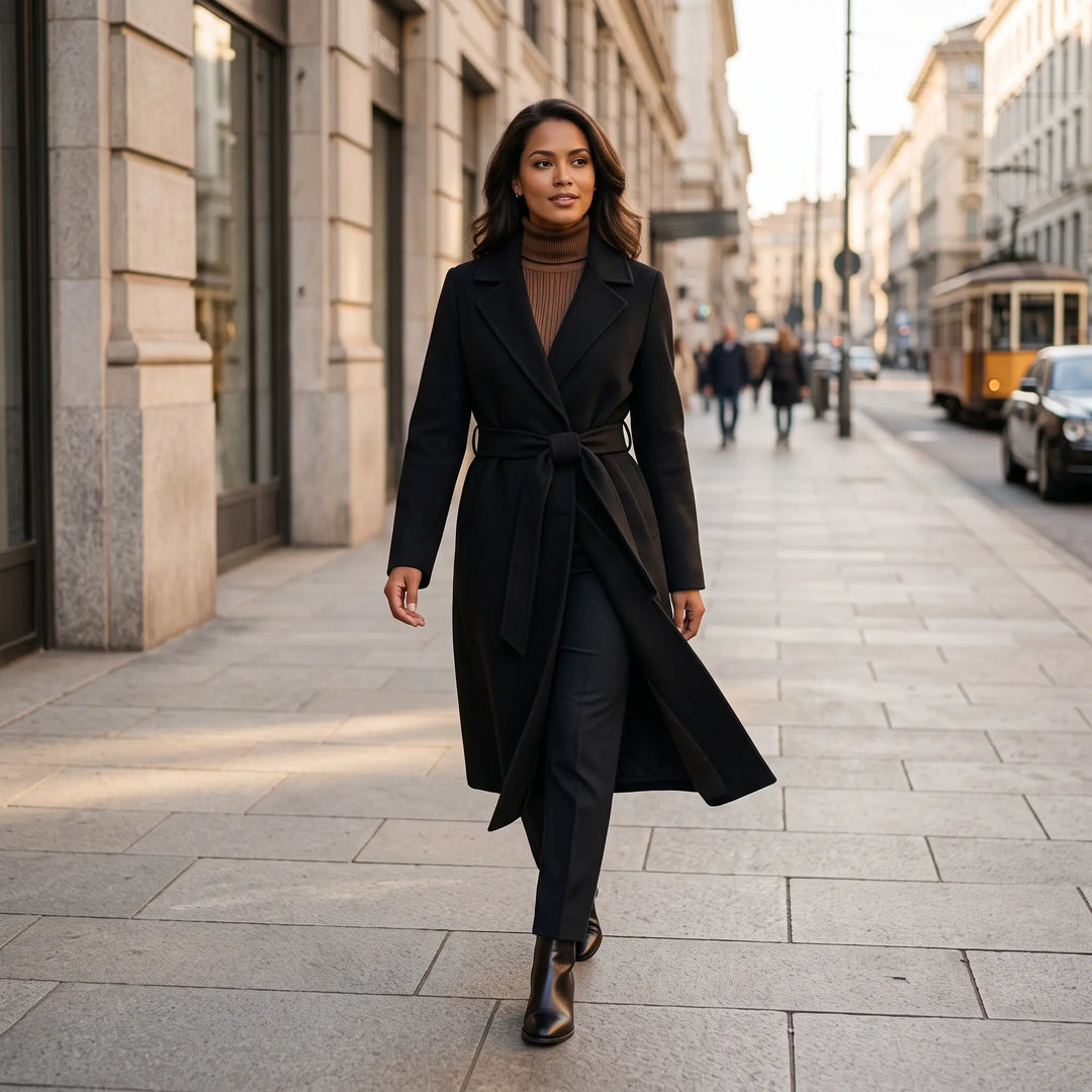 A woman confidently walks down a European city street wearing a black Zoryn belted wool coat, complemented by a turtleneck and trousers.