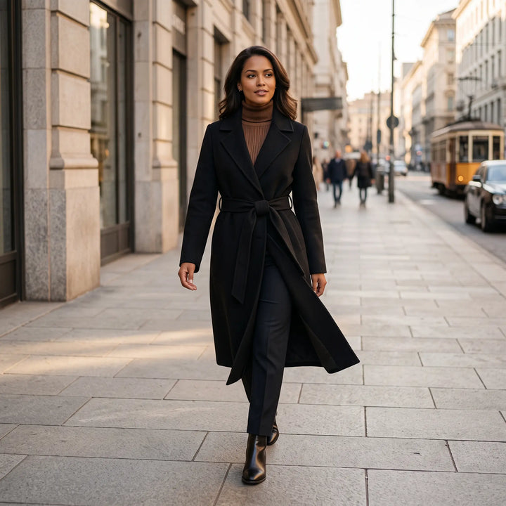 A woman confidently walks down a European city street wearing a black Zoryn belted wool coat, complemented by a turtleneck and trousers.