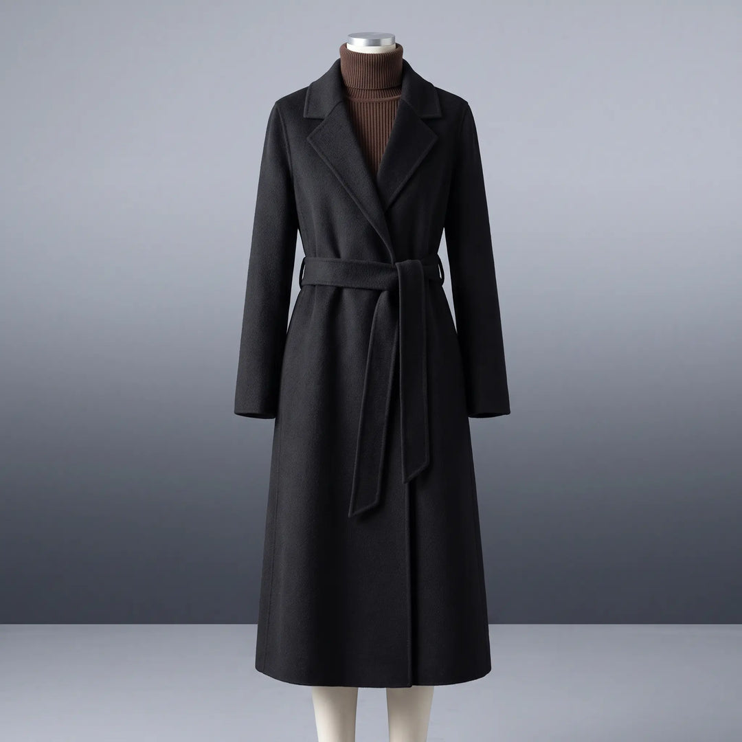 Zoryn black tailored wool midi-length coat with notched lapel and self-tie belt, presented on a mannequin against a neutral studio gradient.
