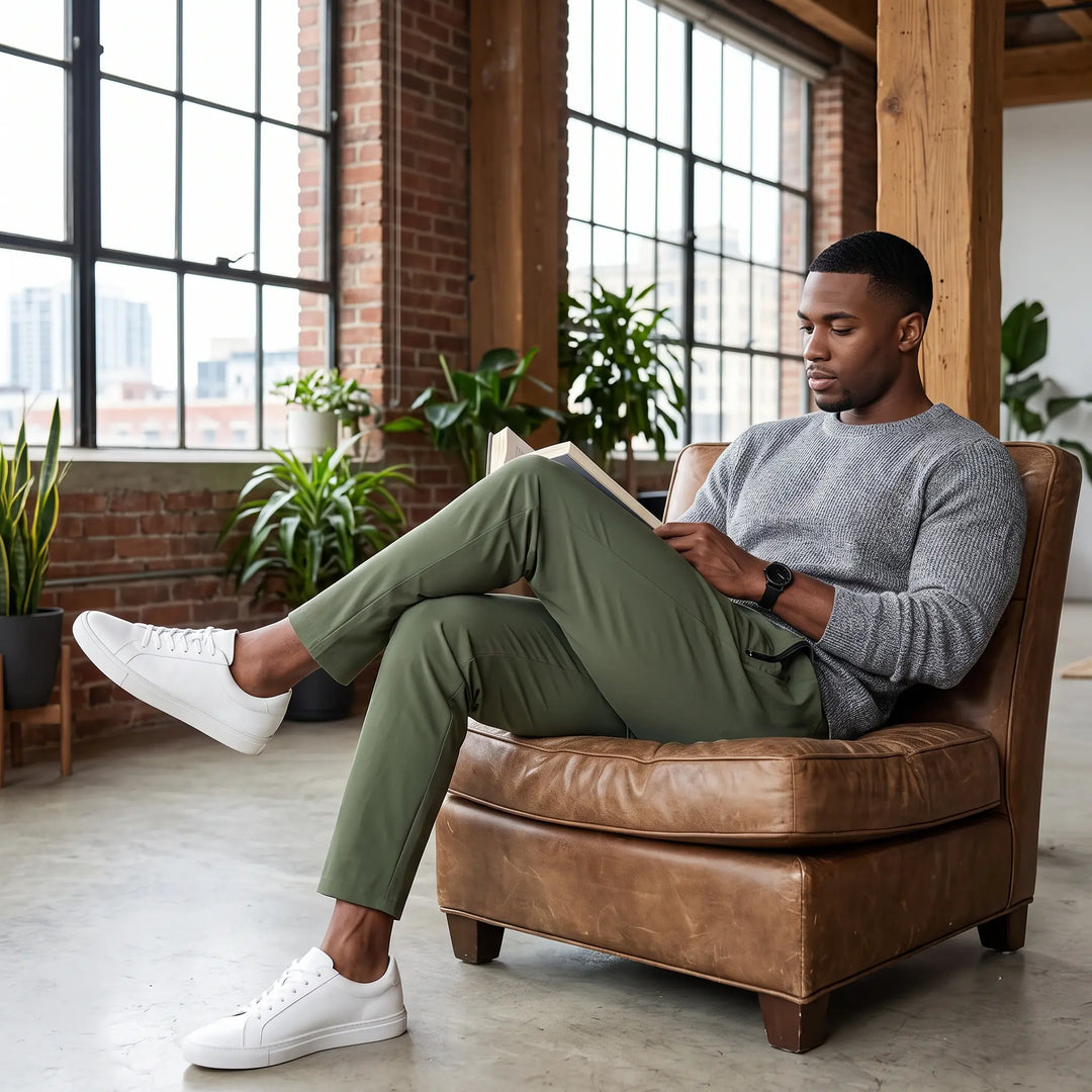 A man wearing olive green Zydron lightweight trousers and a grey sweater relaxes in a leather armchair, reading a book in a modern loft.