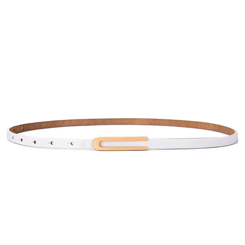 Zylia slim white leather belt with a polished gold-tone U-shaped buckle, shown flat lay.