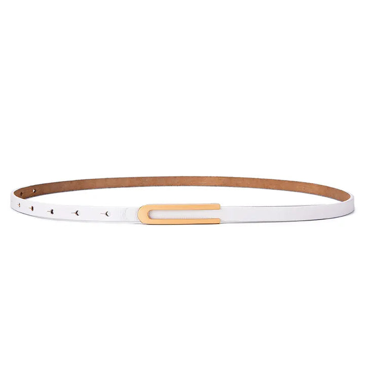 Zylia slim white leather belt with a polished gold-tone U-shaped buckle, shown flat lay.