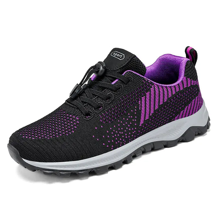 Zylos lightweight walking trainers in black and purple knit mesh with a toggle lacing system and supportive rubber outsole. This front view showcases the breathable upper and comfortable design.