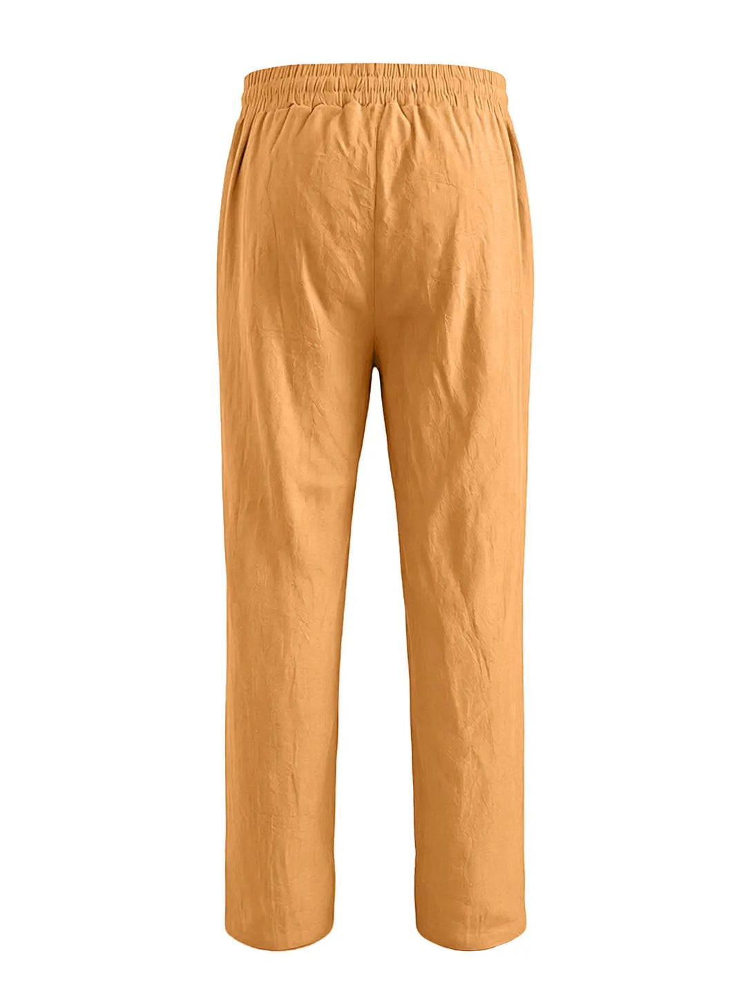 Back view of Zylos linen-blend wide-leg trousers in earthy khaki, showcasing the relaxed fit and drawstring waist.