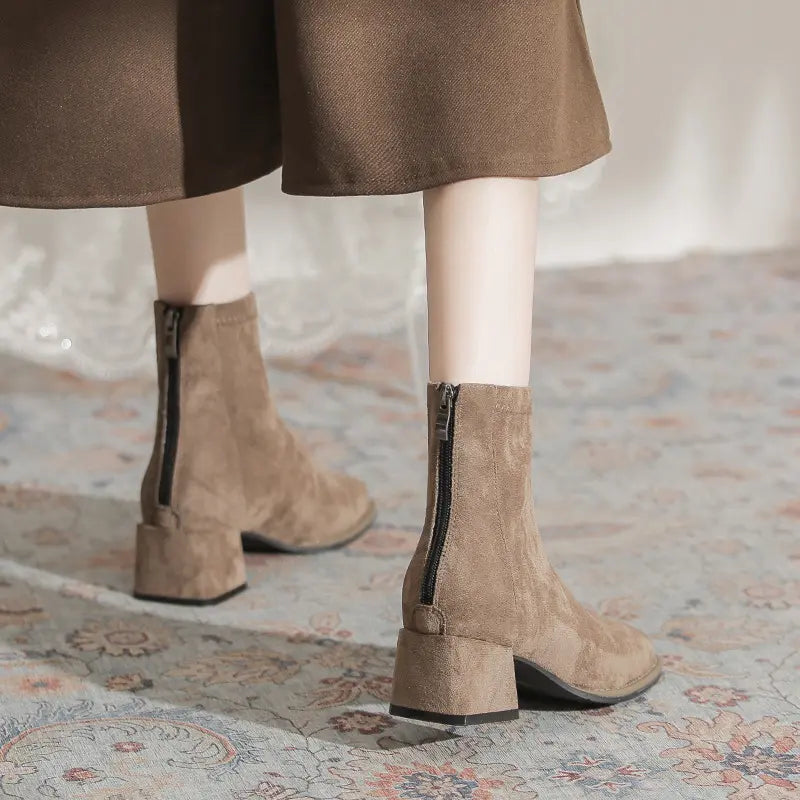 Zylos chic suede ankle boots in warm khaki, featuring a square toe, 4-5cm block heel, and a full-length back zipper for easy wear, shown from the back.