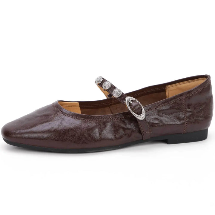 Zylph dark coffee brown ruched lambskin leather Mary Jane flats featuring a square toe and a jeweled silver buckle strap, shown from a side view with a flat sole.