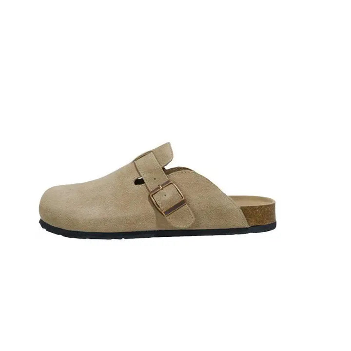Zylux Comfort Mule Suede-Like in Sandy Khaki, shown from the side view, featuring an adjustable buckle strap and a cork-like sole.
