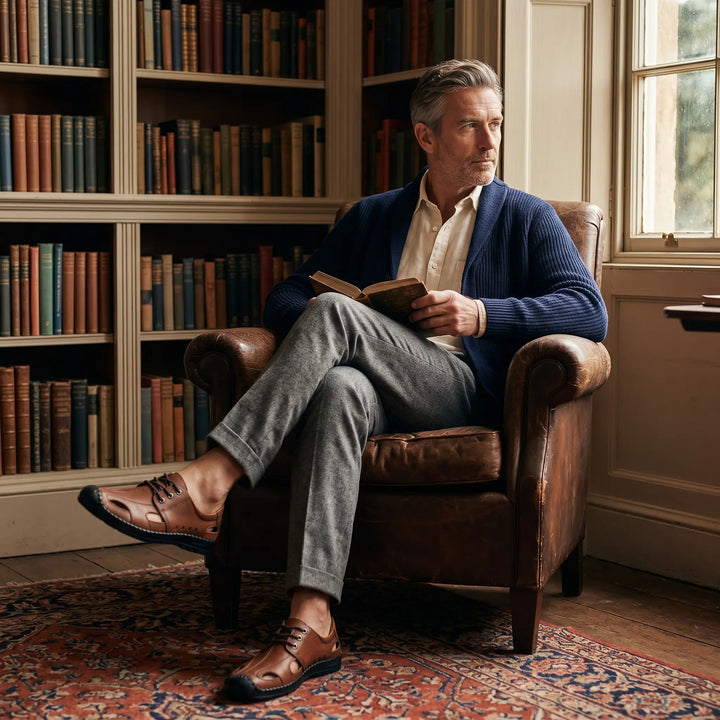 A man sits in a leather armchair in a library, reading a book and wearing brown Zynith men&