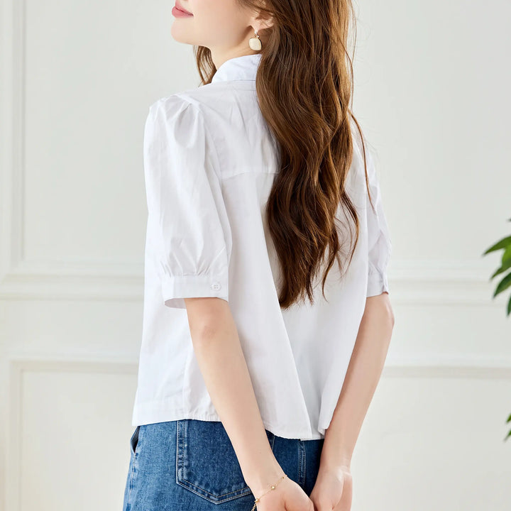 Zyphia - Short Sleeve Shirt Cotton Blend Chic Blouse