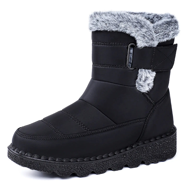 Black mid-calf Zyrion winter boot with faux fur lining, side zipper, adjustable buckle strap, and thick lugged platform wedge sole.