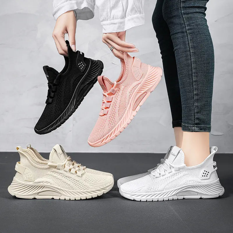 Zythen women's breathable knit trainers in beige, pink, black, and white, shown from multiple angles with some pairs held and one pair worn.
