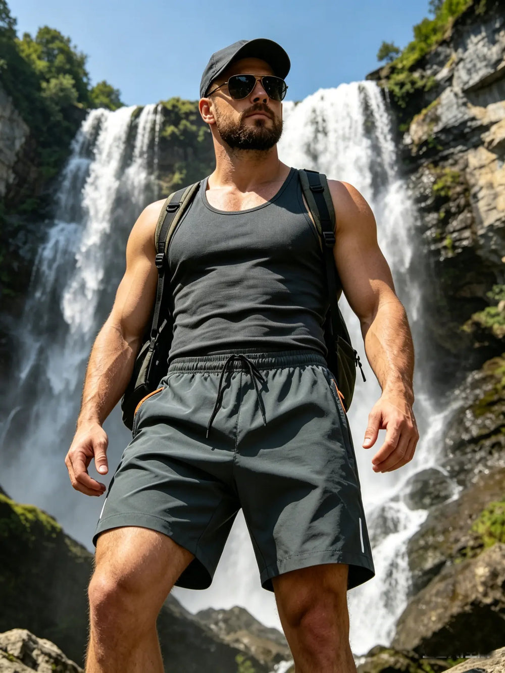 Men's Zythos athletic shorts in deep navy blue, featuring quick-dry fabric, a flat white drawstring, and a contrasting orange zipper pocket, shown on a man posing near a waterfall.