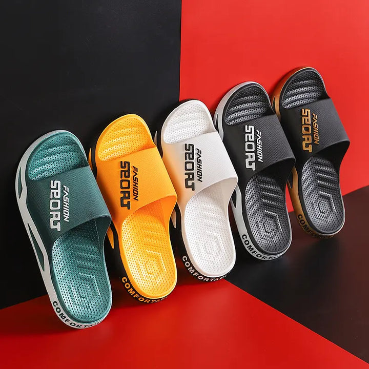 Zytri Sport Slides Comfort Sandals in multiple colors: green, yellow, white, black, and black gold accent, shown from a front view.