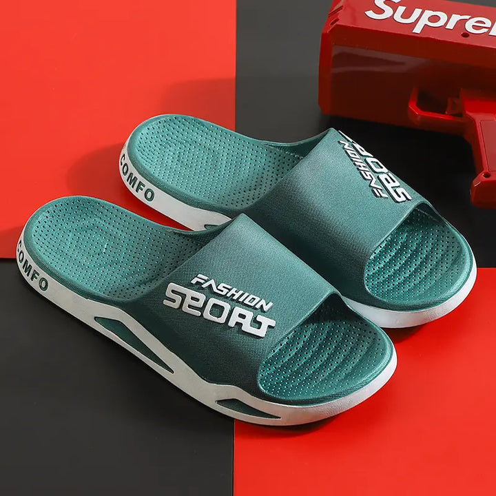 Teal Zytri sport slides with white soles and black &